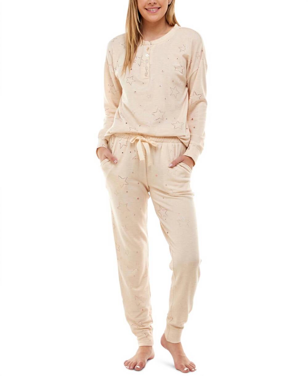 NEW ROUDELAIN long sleeve henley top & jogger lounge set in scattered starry foi